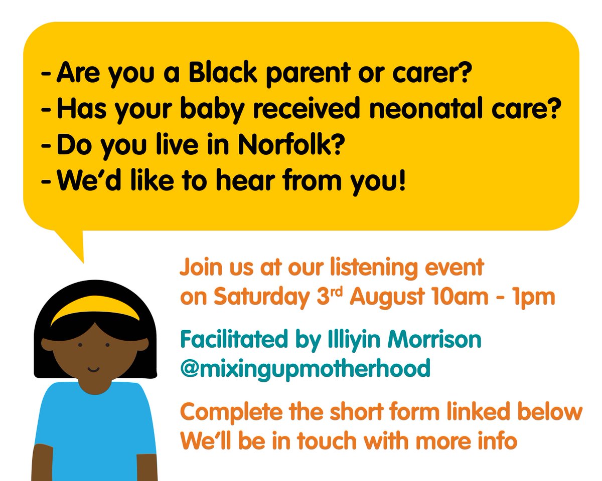 Calling all Black parents and carers living in Norfolk📣Has your baby received neonatal care in the last three years? We want to hear from you at our listening event on Saturday 3rd August 10am - 1pm.  Complete a short form and we’ll be in touch office.pulse.ly/2io6thbupk 💙