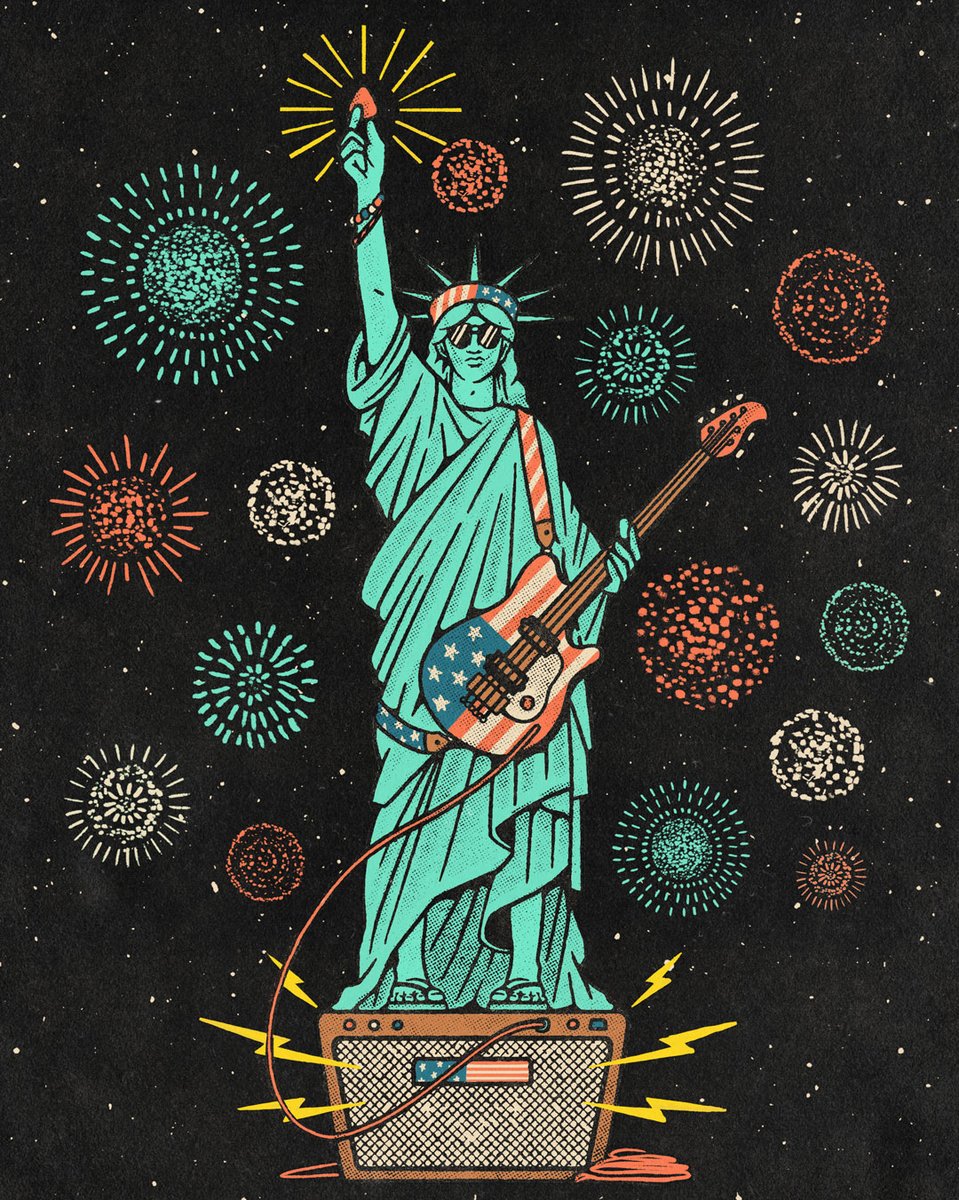ernieball's tweet image. Rock out this 4th! Wishing everyone a happy and safe 4th of July holiday. 🎆🎇🎸

Art by Cam Miller