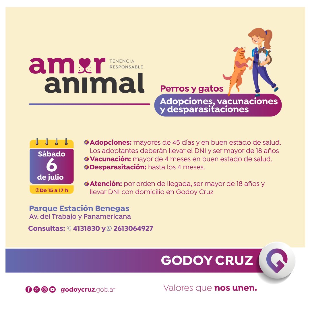 Te invitamos a ser parte del programa “Adoptá un Amigo” 🐶 

Este sábado 6/7, en el Parque Estación Benegas, de 15 a 17 hs., se realizará esta importante actividad que promueve la adopción de los animales rescatados de las calles para encontrarles un hogar seguro y estable. ¡Te