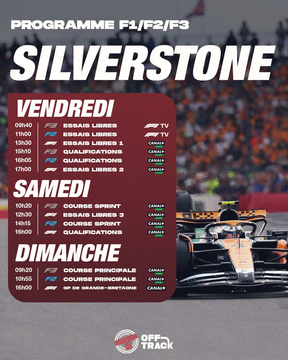 🗓️ LE PROGRAMME DU GRAND PRIX DE GRANDE-BRETAGNE ! 🇬🇧

La F2 et la F3 sont également présentes ce week-end du côté de Silverstone.

📺 Un bon week-end de course à suivre sur les antennes de CANAL+ et de la F1TV ! 🍿

#F1 #BritishGP