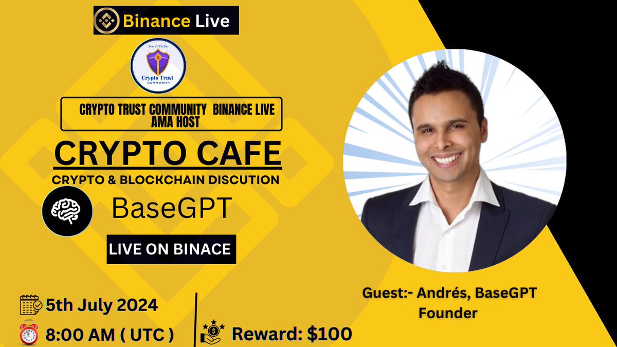 CryptoTrustCMM's tweet photo. We're pleased to announce our next #BINANCE_LIVE #AMA With BaseGPT on 5th July 8AM UTC 2024
💰Reward: $100
🏠Venue: https://t.co/KJ2uPVeMWU
〽️Rules:
1⃣ Follow
@CryptoTrustCMM &amp;
@base_gpt
2⃣Like &amp; RT
3⃣Comment Questions &amp; Tag 3 Friends Max 5 questions https://t.co/VY3oOKXU16