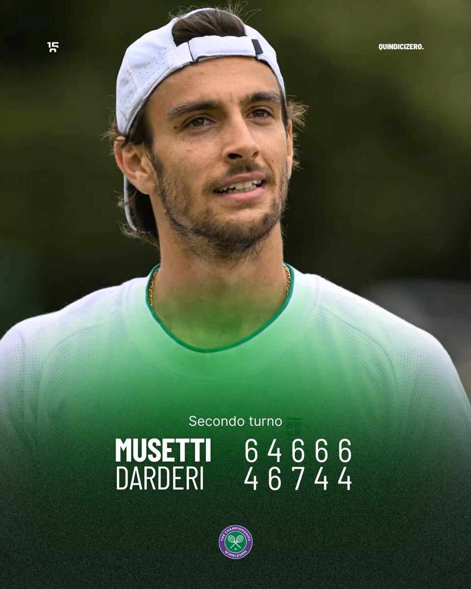 quindicizero's tweet photo. MUSETTI BATTE DARDERI! 🇮🇹 ⚔️

Musetti vince il derby italiano dopo quasi 4 ore di gioco e raggiunge per la 2^ volta in carriera il terzo turno a Wimbledon, dove affronterà l'argentino Francisco Comesana. 

Per Lorenzo è anche la vittoria numero 20 della stagione e la vittoria numero 9 contro tennisti italiani.
Inoltre, interrompe una striscia di 5 sconfitte consecutive al 5° set.