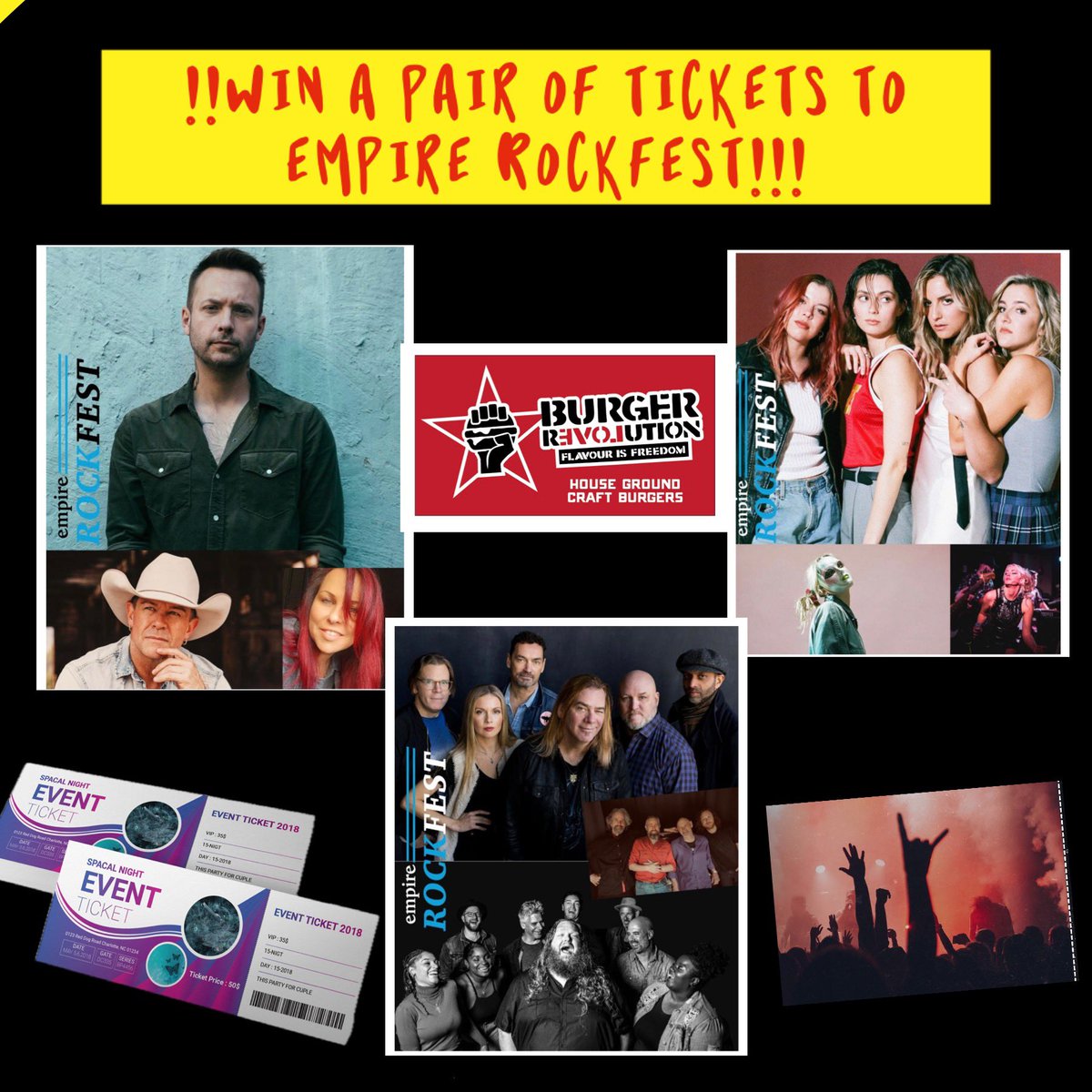 burgerrev's tweet photo. Empire Rockfest is 2 weeks away!
We have a pair of tickets to giveaway, for each concert (Thursday, Friday &amp; Saturday) 
Would you like to go with a friend and Party?! 
Here’s your chance:

1) retweet this Post
2) comment what day and a friend you wanna party with https://t.co/wmmtDa2sGR