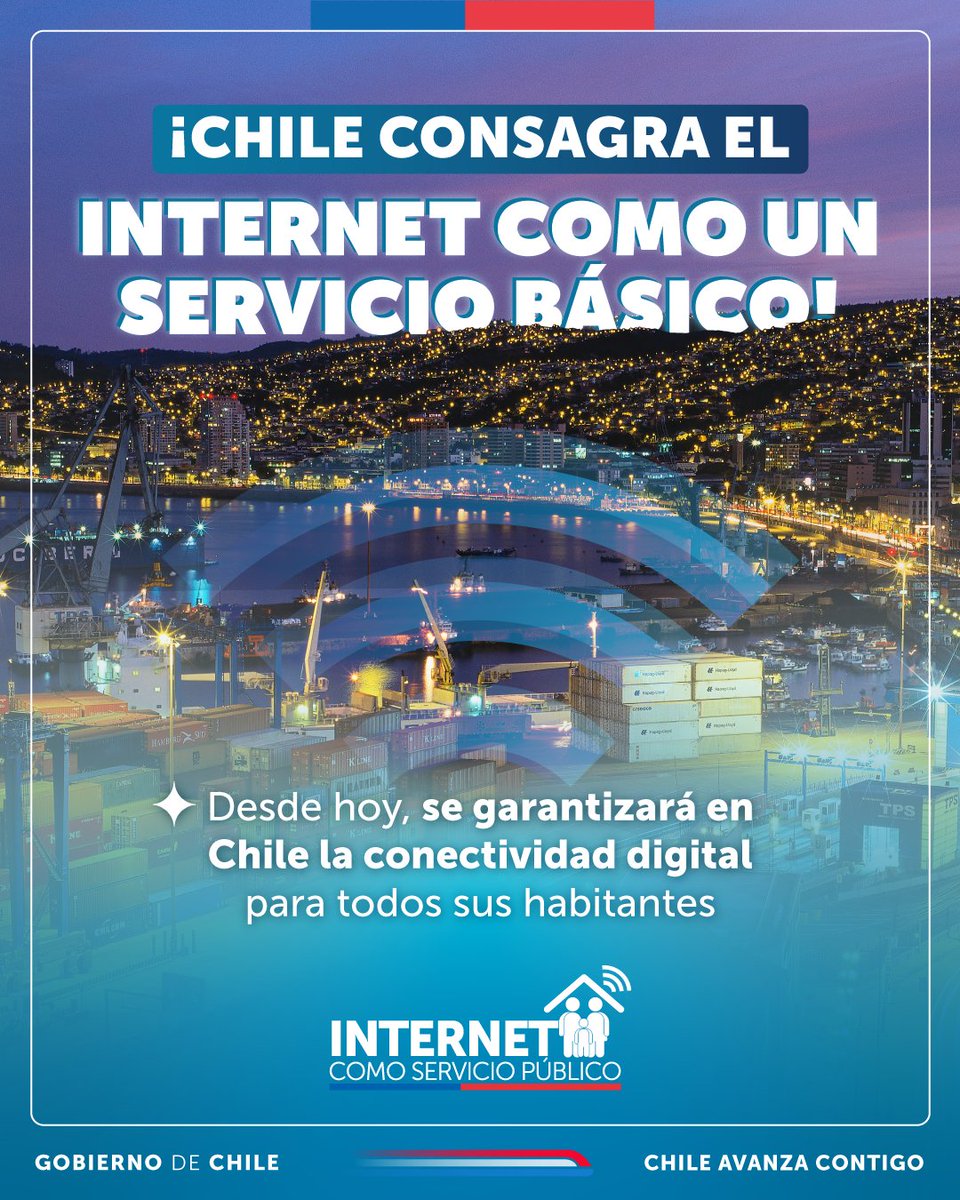 GobiernodeChile's tweet image. ¡Desde hoy el Internet es un Servicio Público en el país! ✨
Gracias a esta ley el Estado podrá subsidiar el servicio de telecomunicaciones al igual que la electricidad o el agua, para garantizar el acceso a la conectividad digital para un #ChileMejorConectado 🛜