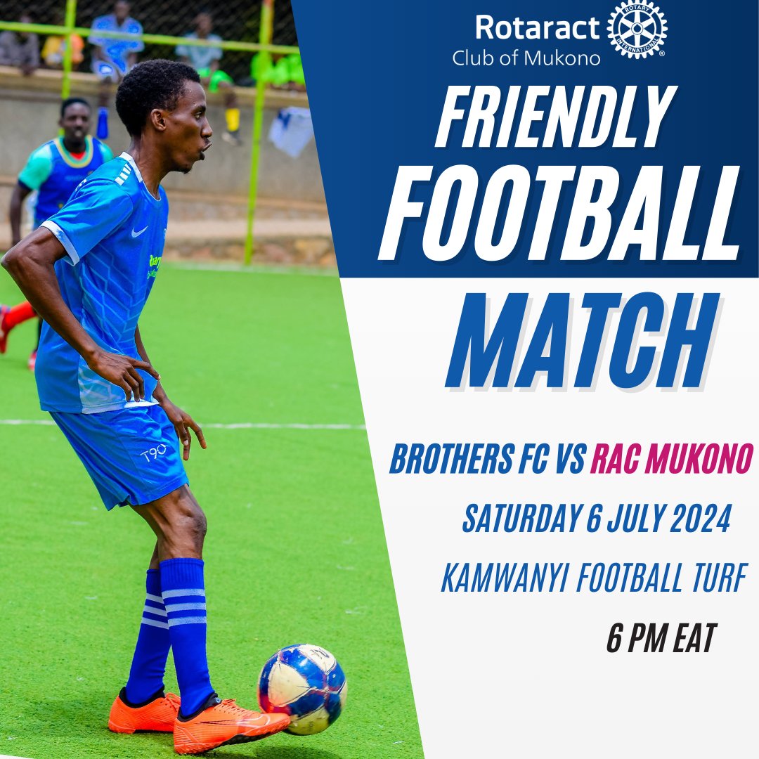 MukonoRotaract's tweet photo. As we warm up for #Rotary5Aside on 20th July we shall be facing #BrothersFc at Kamwanyi Turf in Mukono. 
Come watch us thrash the brothers in this Friendly match at 6pm.
Come one Come all
@Rotary5Aside 
#TheNobles https://t.co/EociSke8Mz