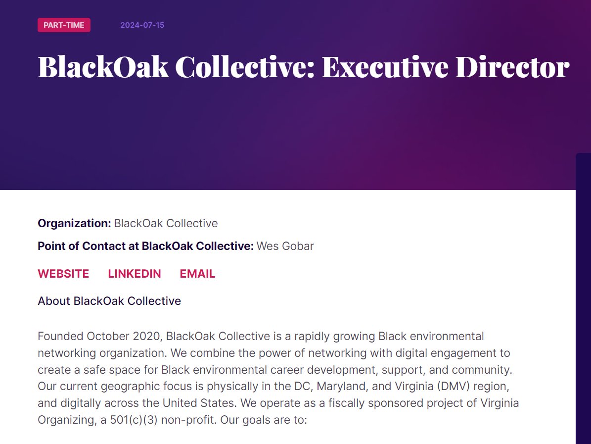 <a href="/BlackOakDMV/">BlackOak</a>, a rapidly growing Black environmental networking organization, is hiring an Executive Director! Send your resume and a one-page cover letter to Wes Gobar wes@blackoakcollective.org by Monday, July 15th. Check out the job description here: blackoakcollective.org/jobs/executive…