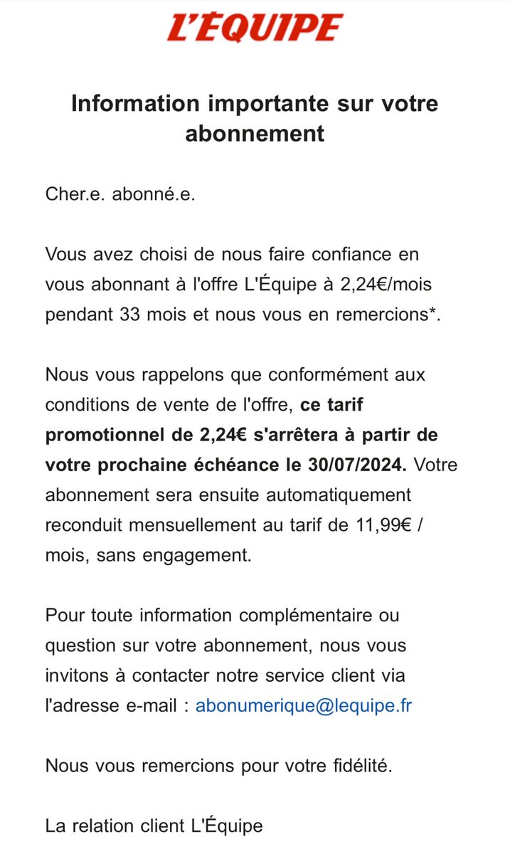Ainsi s’achève la plus belle offre promo de l’histoire de L’Equipe. 

On passe à 2,30€/mois jusqu’en 2030 maintenant ? 😄