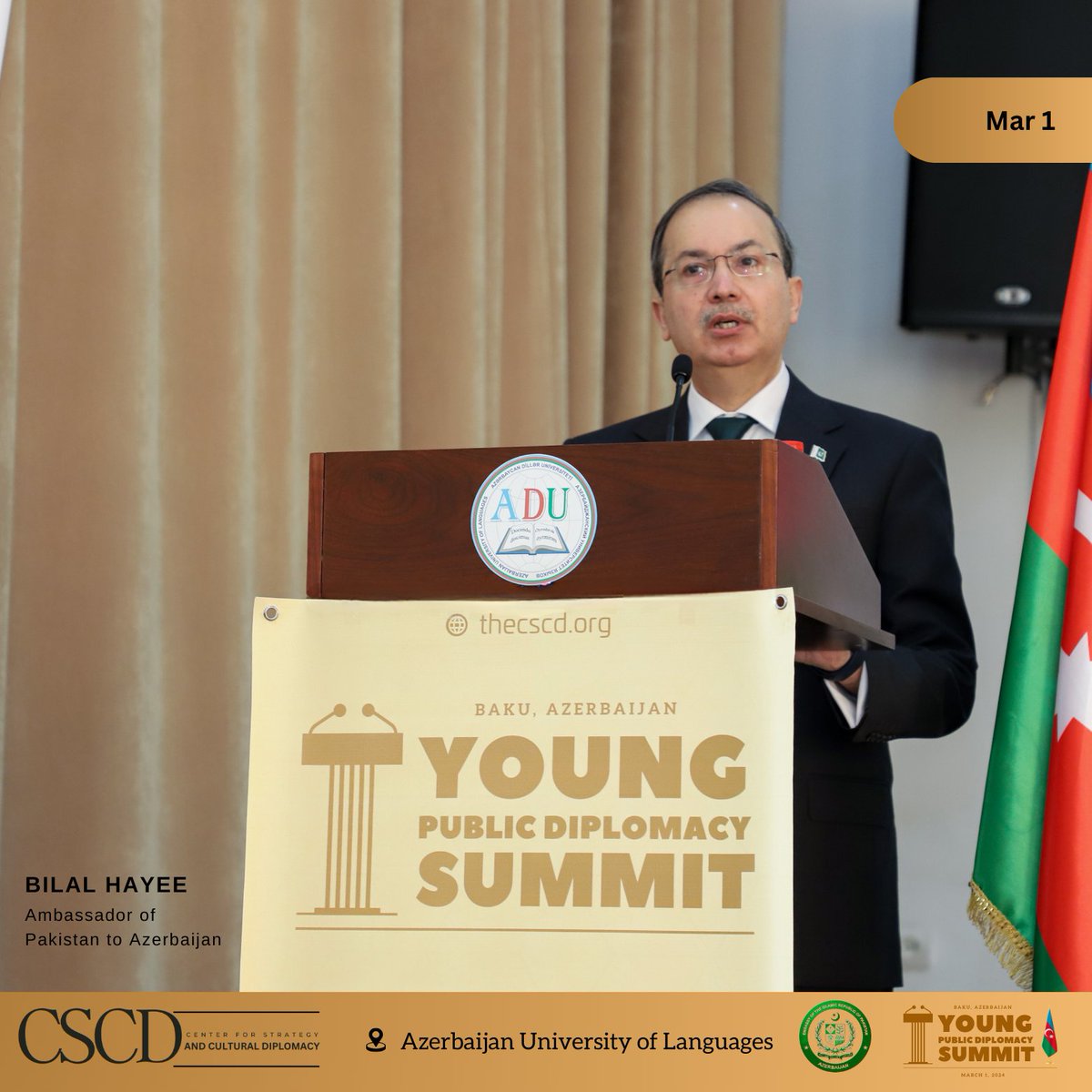 CscDiplomacy's tweet photo. Mar 1st: YPDS Baku was hosted at Azerbaijan University of Languages with the kind support of:

- H.E Former Prime Minister of Azerbaijan, Novruz Mammadov
- H. E Bilal Hayee, the Amb of Pak to AZ
- Mr. Vusal Gurbanov Acting Director, ICYF-ERC
- Ms. Jala Garibova, VR ADU https://t.co/Bc4KaFbN0q