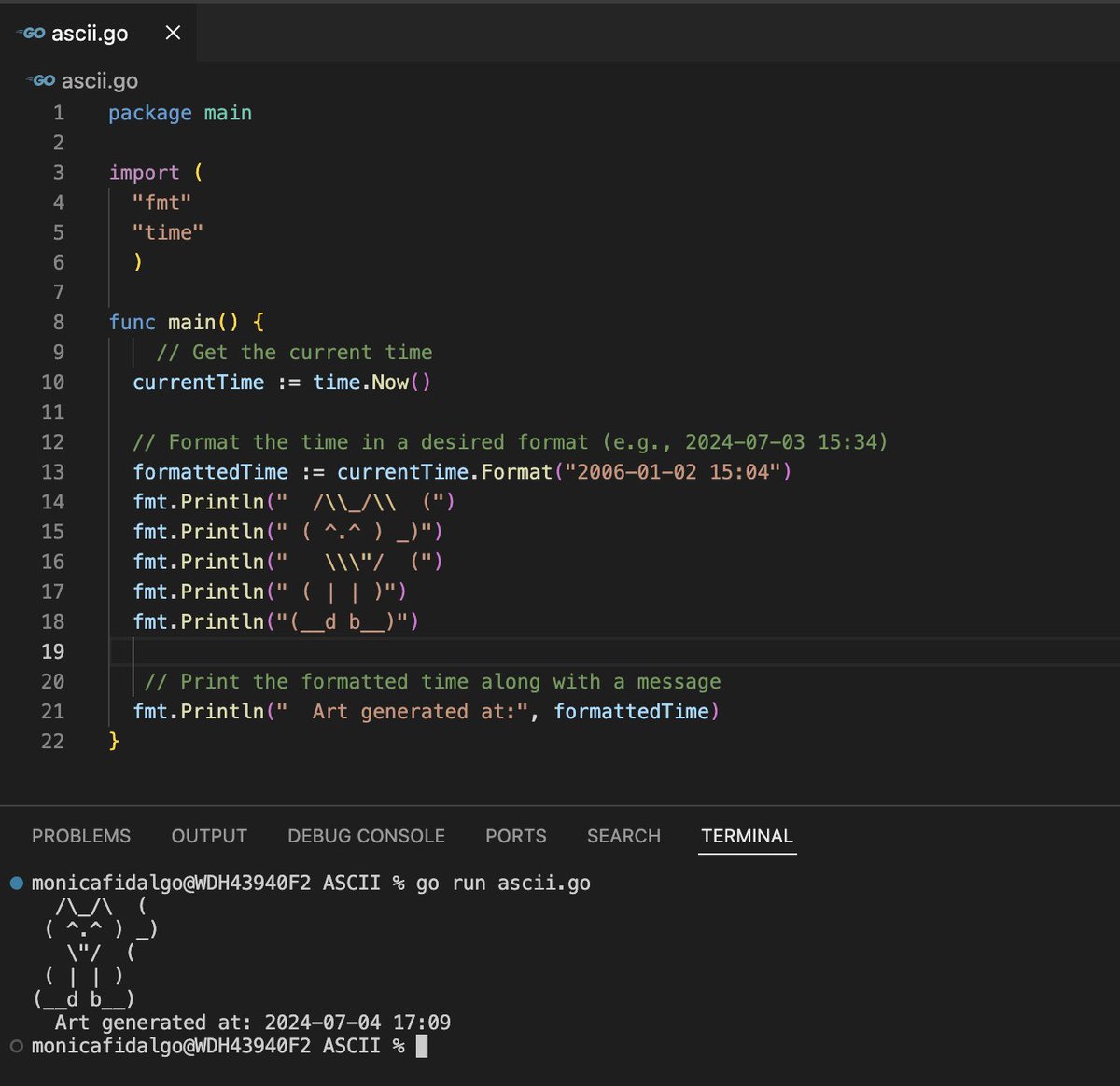 coding_mermaid's tweet image. Reserving some time at the end of the workday to learn #go 🚀
Currently enjoying creating #ascii art 😺