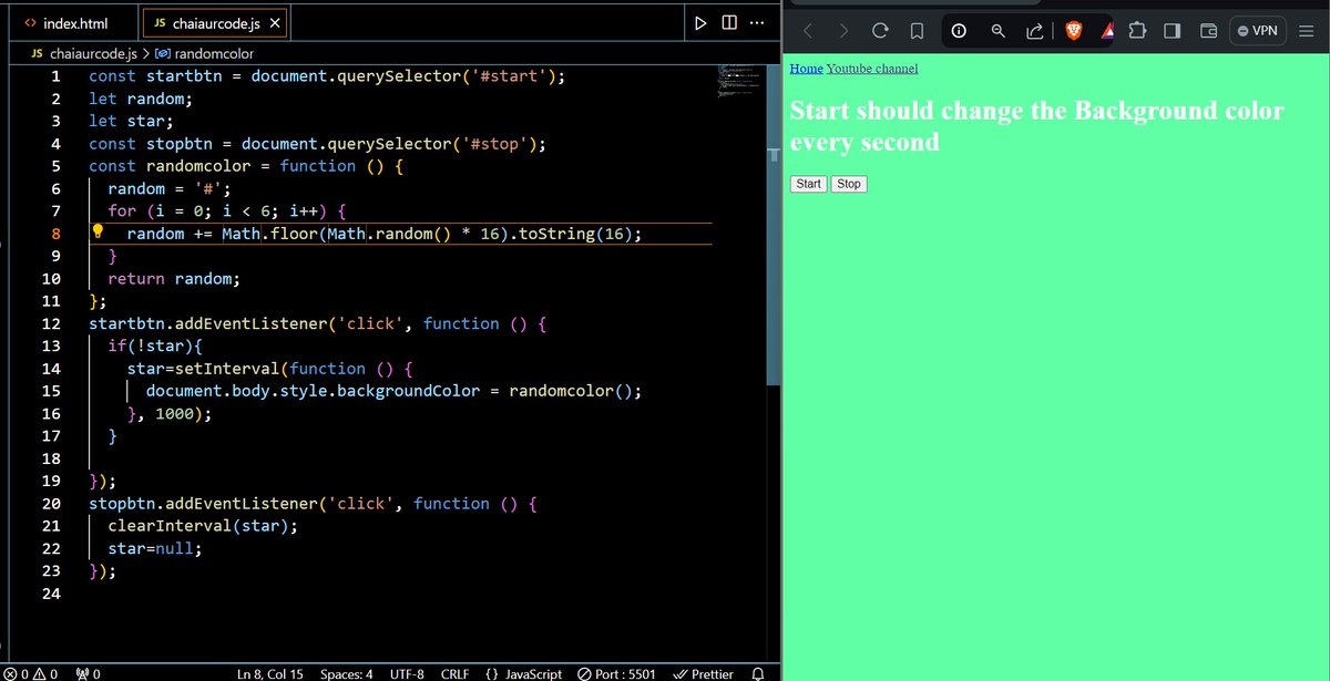 Mukundbajpaii's tweet image. Day 26 #100DaysOfCode: 
Today, I tackled #async #JavaScript with projects
Key methods: setTimeout(), setInterval(), clearTimeout(), and clearInterval().
PROJECT 5:
Created an unlimited background color changer in JS—now my page shifts hues with random hex values! 
#buildinpublic