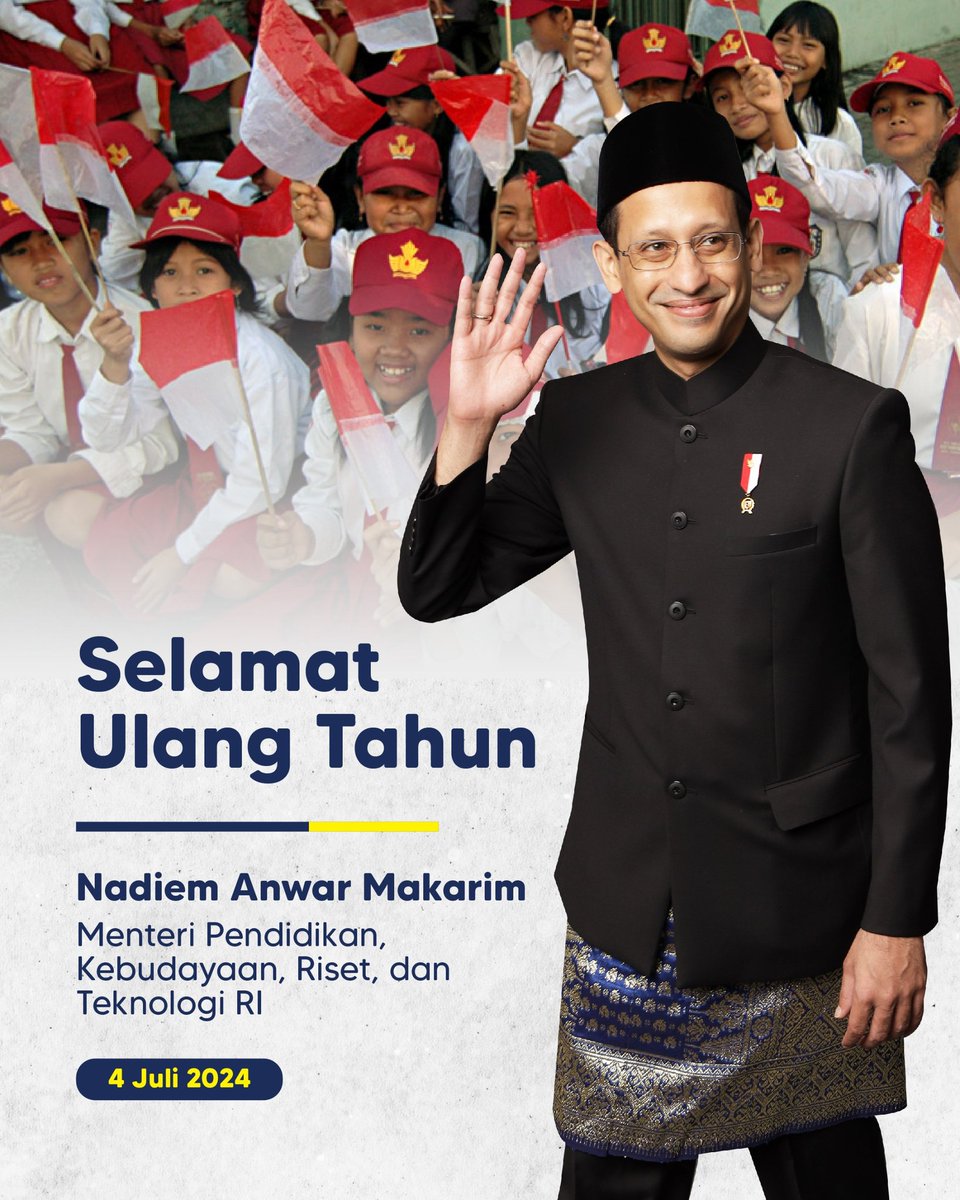 Selamat ulang tahun Mas <a href="/nadiemmakarim/">Nadiem Anwar Makarim</a>, semoga senantiasa diberkahi kesehatan, kebahagiaan, dan kekuatan dalam menjalankan tugas mulia memajukan pendidikan sesuai dengan apa yang dicita-citakan oleh Bapak Pendidikan Indonesia Ki Hadjar Dewantara
lewat program Merdeka Belajar 🇮🇩
