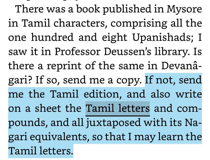 labstamil's tweet photo. Today is Swami Vivekananda's remembrance day.

London, 1896:
Swami Vivekananda sees a rare book comprising of all 108 Upanishads in Prof. Paul Deussen's library.

He wanted to read it.
The problem? 
It was in Tamil.

So Vivekananda wrote to Alasinga Perumal (a Tamil school teacher) asking him to send a copy of the Tamil book juxtaposed with Devanagari equivalents so that he can learn to read the Tamil letters!

Imagine the amount of work required to read a huge tome of 108 Upanishads in a new language. 

To someone with a thirst for knowledge, language is only a tool, a means to a greater end.