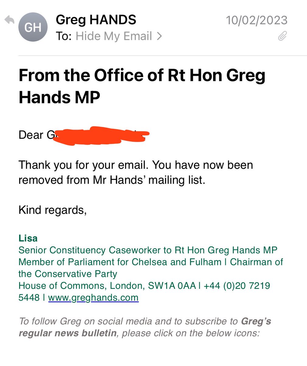 gokhart's tweet photo. @greghands as if I didn’t need another reason not to vote for you, you can’t even obey basic data protection legislation despite writing to me with the assurance that you do - same unique “hide my email” address in both instances. Reporting this to @ICOnews https://t.co/9ZBGAwuudb