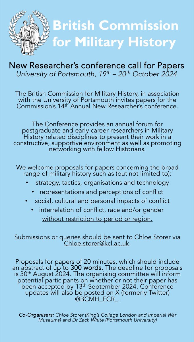 🚨BCMH 14th annual New Researcher’s conference 🚨 call for papers 👇🏻 please consider submitting a paper or panel and spread the word using #BCMHNRC24 and retweeting 😁 #Ecr #PhD #militaryhistory #conference #Portsmouth #History 📝