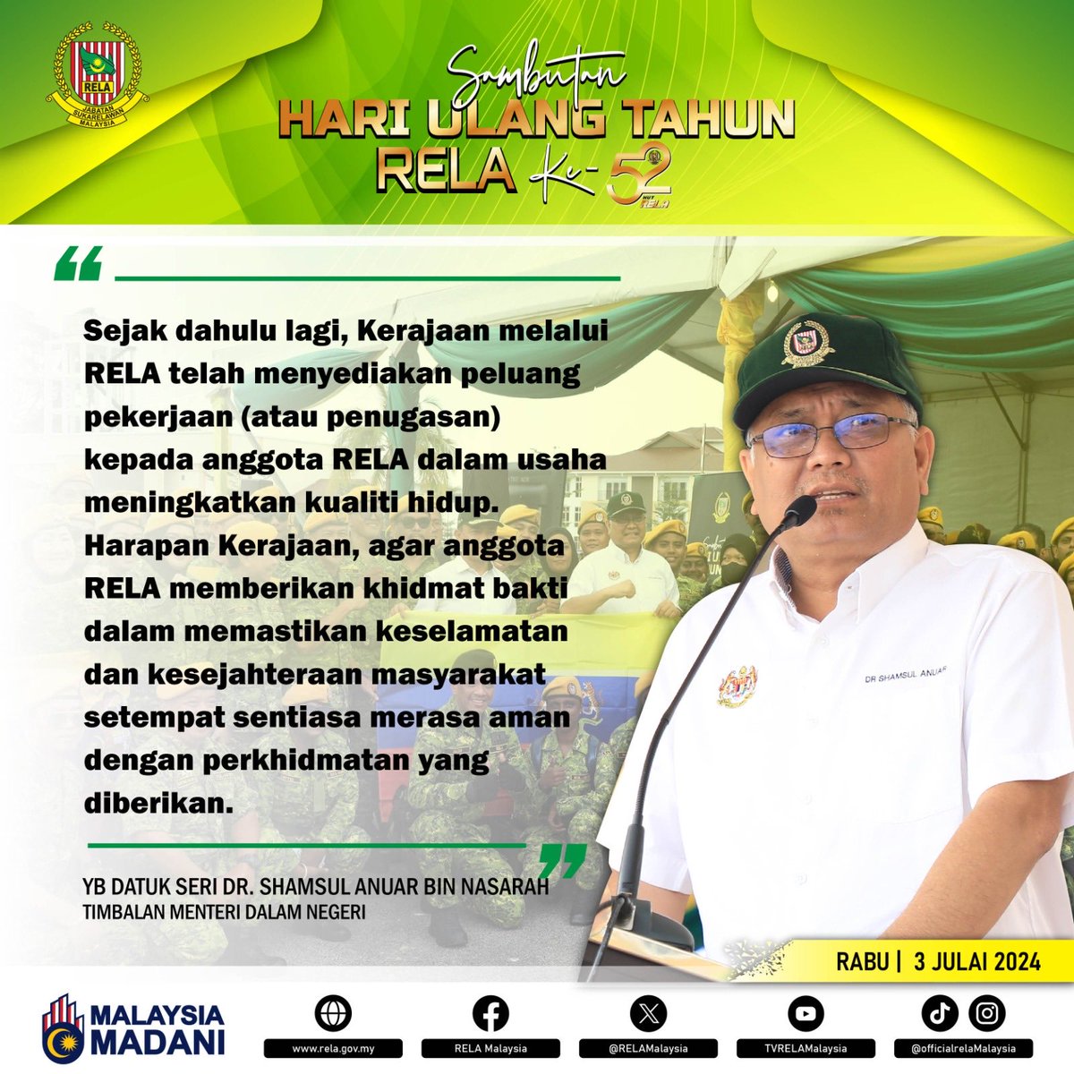 Petikan ucapan YB Datuk Seri Dr. Shamsul Anuar bin Nasarah, Timbalan Menteri Dalam Negeri semasa merasmikan majlis Sambutan Hari Ulang Tahun RELA Ke-52 pada 3 Julai 2024.

⁦<a href="/KDNPUTRAJAYA/">KDN🇲🇾</a>⁩ <a href="/saifnasution/">Saifuddin Nasution Ismail</a>⁩

#SetiaBerbakti
#RELASiapsiaga
#MalaysiaMadani
#hut52rela