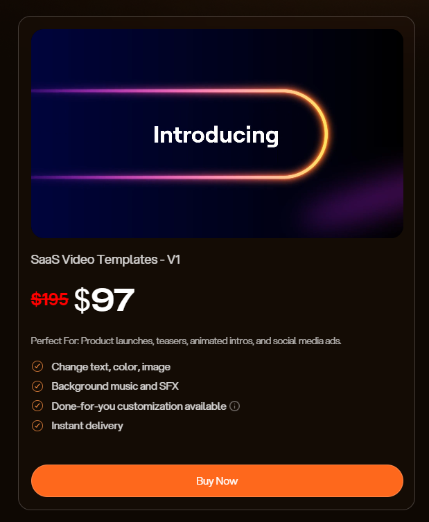 I forgot to mention our premade SaaS template videos are live on our website at an affordable price.

Also, we have extended our offer for the next 7 days. To get 30% off, use coupon code "HUNT"  

Go check it out! 

I must not forget to appreciate you guys once again, So many DM