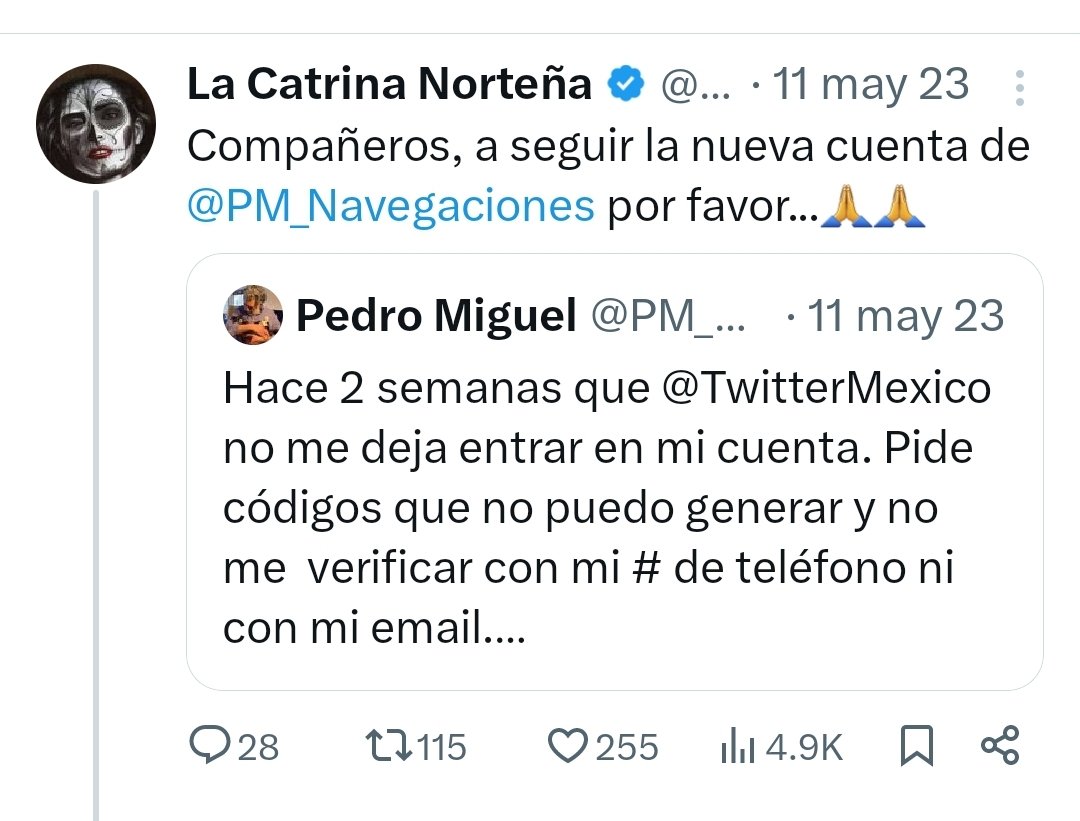 catrina_nortena's tweet photo. ¿Pregunta @PM_Navegaciones que quién soy?

Soy la primera cuenta que te ayudó y te apoyó cuando ya no pudiste abrir tu anterior cuenta.

Un abrazo... https://t.co/iwmgP9MHHq