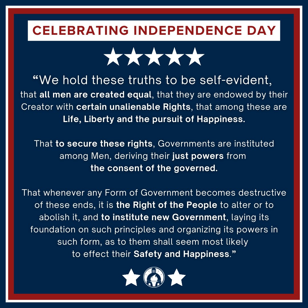 INSenDems's tweet photo. In 1776, our nation's founders unanimously declared American independence to the world. The Declaration is an enduring statement of political equality, asserting that no one—not even a king—could be above the law, and that we are all born free. Happy 4th of July, Hoosiers! 🎇🇺🇸🦅 https://t.co/gYoaxjuPlB