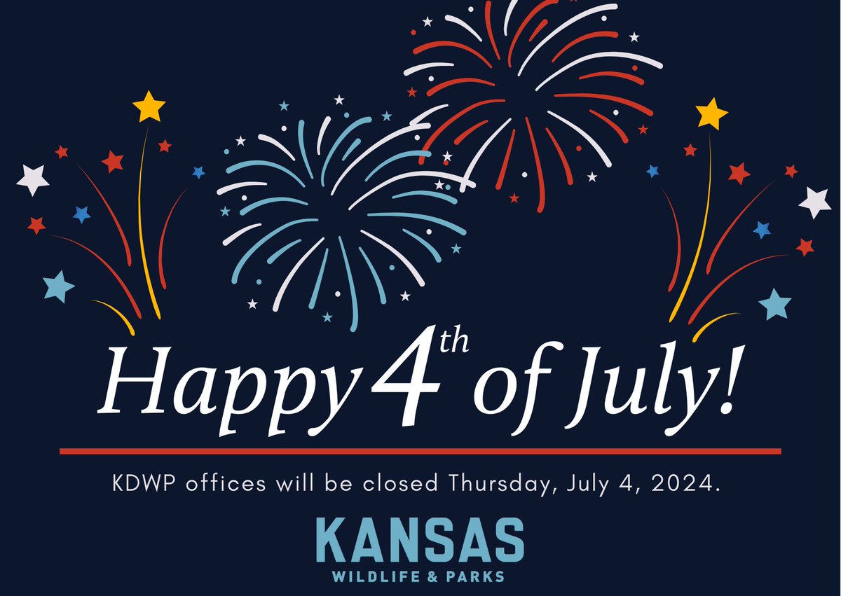 Our offices may be closed, but our state parks are open! And as always, you can find us on ksoutdoors.com.

From our KDWP family to yours, we wish you a safe and festive 4th of July holiday!!! 🇺🇸