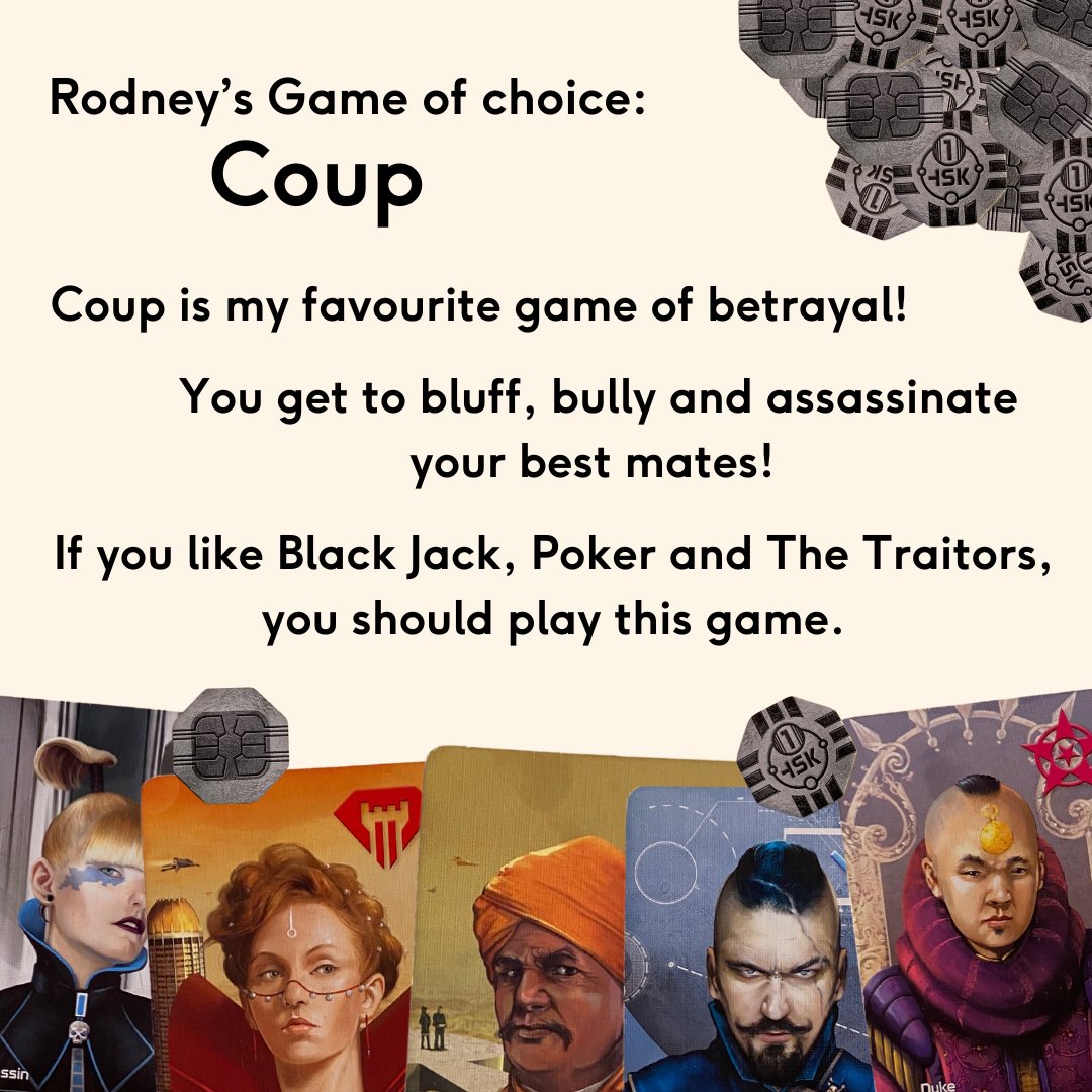 Meet Rodney, Bristol’s General Manager! 

Rodney recommends Coup, a sci-fi hidden role game all about using your characters’ special actions to eliminate other players’ influence!

#boardgames #cardgames #game #boardgamegeek #tabletopgames #bbg #staff #meettheteam