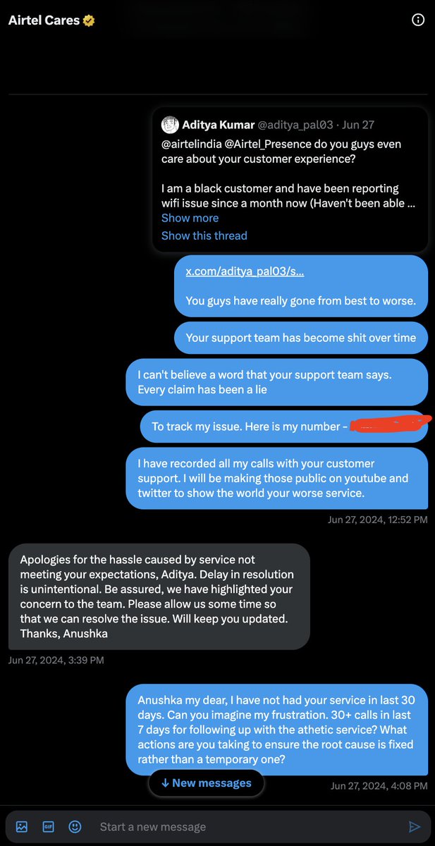 aditya_pal03's tweet photo. @airtelindia @Airtel_Presence service over my issue. Airtel black service is a joke

#airtel #telegram #scam https://t.co/6wSnjeLJcn