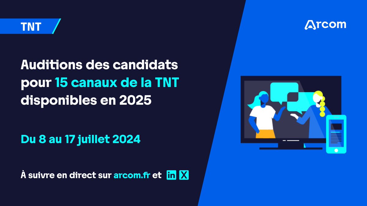 Arcom_fr's tweet photo. 📺 #AuditionsTNT | Du 8 au 17 juillet 2024, le collège de l'Arcom auditionnera les candidats pour 15 canaux de la #TNT disponibles en 2025.

Chaque audition retransmise en direct sur X sera sous-titrée et traduite en #LSF.

👉 https://t.co/SZOEz4xaNW https://t.co/EaqgGhRpWe