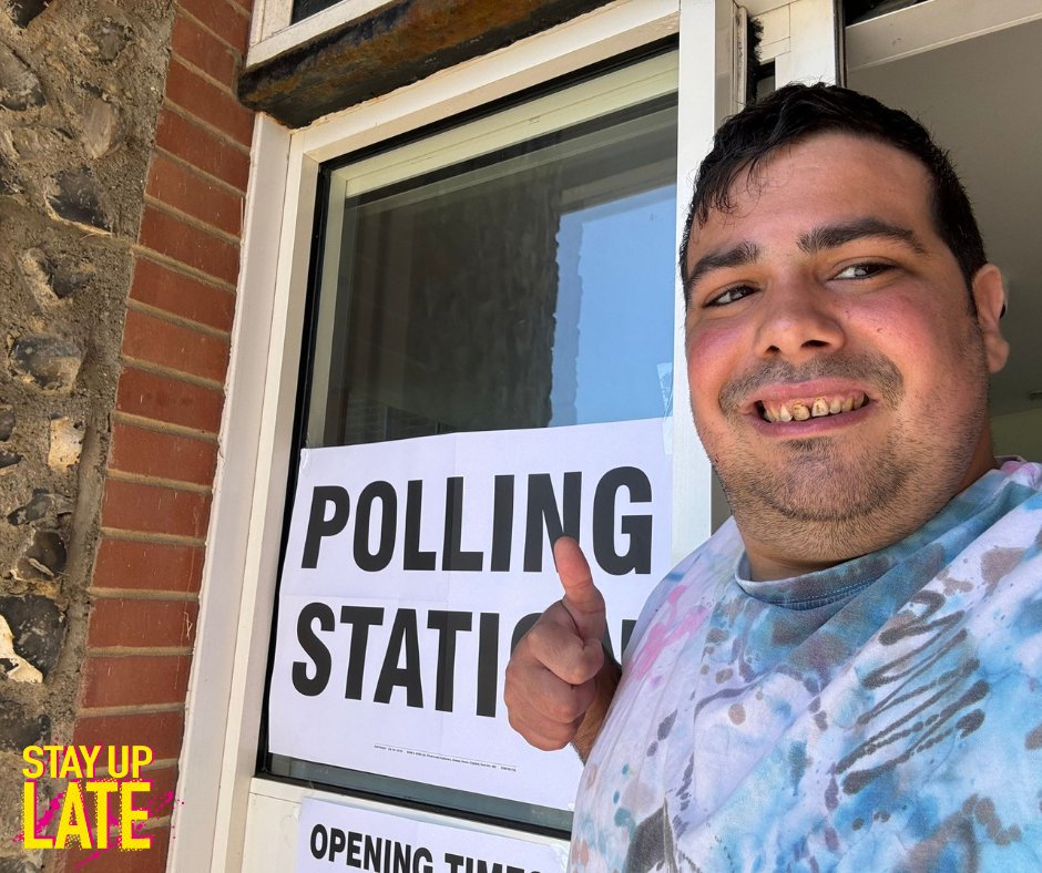 StayUpLateUK's tweet photo. Our Stay Up Late Assistant Jaydog says go and vote! #MyVoteMyVoice https://t.co/LyJ8FSZnnX