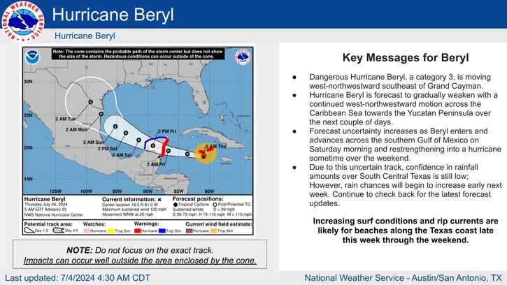 TravisCOSW's tweet photo. Early morning update on #Beryl. What is interesting is that Travis County is now in the forecast track “cone.” https://t.co/Y6cNYySCa3