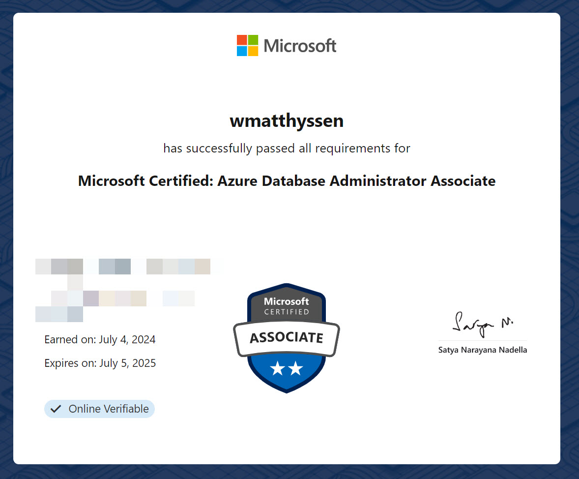 wmatthyssen's tweet photo. I'm thrilled to share that I passed the Microsoft Certified: Azure Database Administrator Associate exam today.
It wasn't easy and required a lot of study time, but I'm really happy with the result. 📖🎓
#Microsoft #Exam #DP300 #Azure #SQL #AlwaysLearning https://t.co/BTHm3LREWV