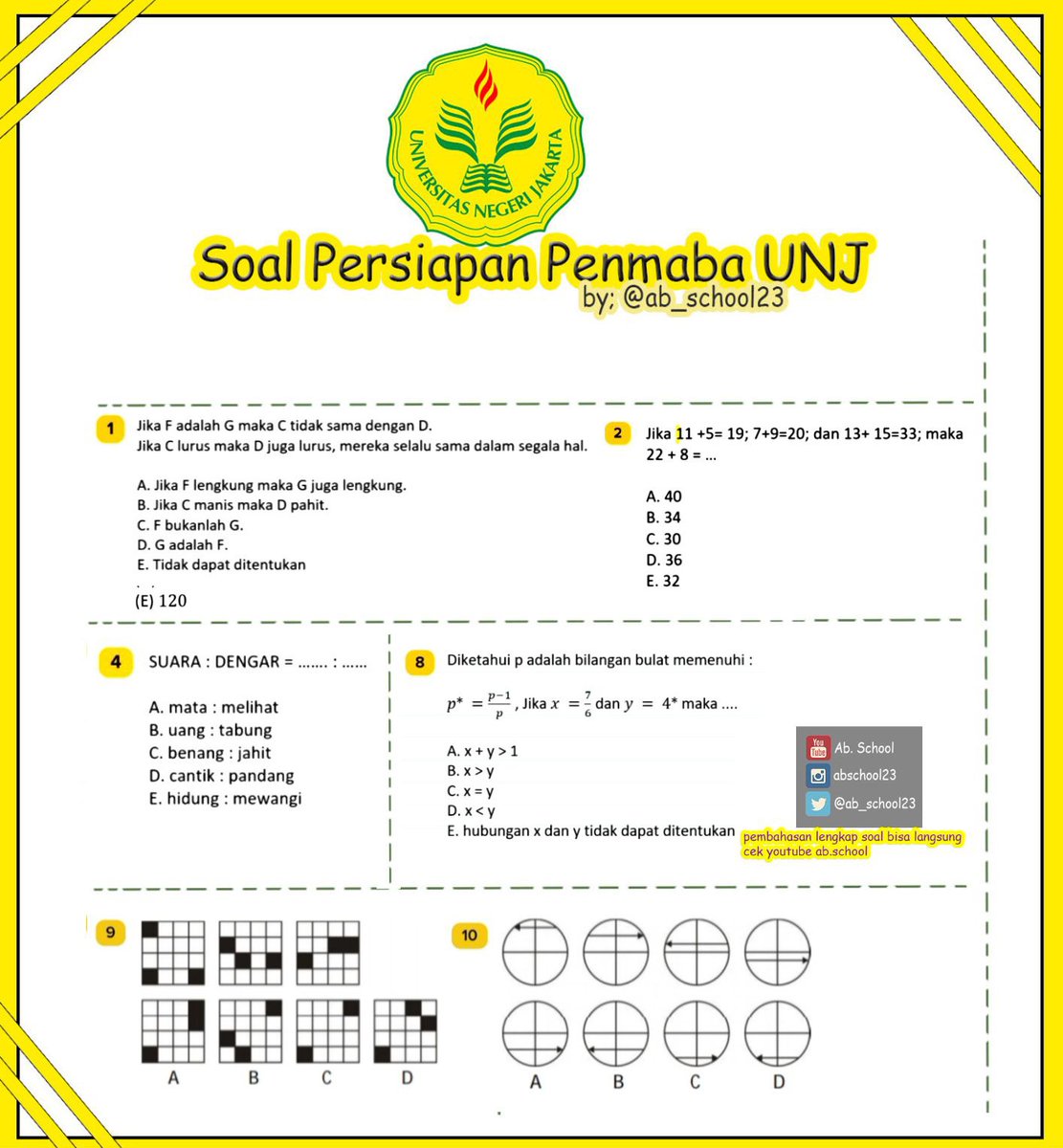 PENMABA UNJ 2024 Bag.3
Buat yang mau Tes Ujian Mandiri UNJ (PENMABA UNJ), yuk latihan tipe soal Tes Pengukuran Kognitif PENMABA yg sering muncul ditahun sebelumnya! 
Untuk pembahasan lengkapnya bisa langsung cek kesini youtu.be/PDlVOFEJsLw?si…