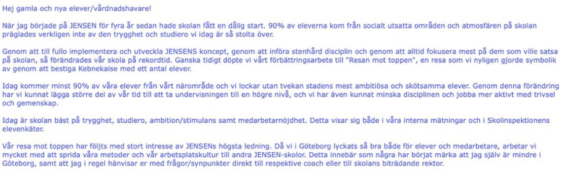Skolinkvisition's tweet photo. ”När jag började på JENSEN hade skolan fått en dålig start. 90% av eleverna kom från socialt utsatta områden… genom att alltid fokusera mest på dem som vill satsa på skolan förändrades skolan på rekordtid… idag lockar vi utan tvekan stadens mest ambitiösa och skötsamma elever” https://t.co/mds0YuaHtV