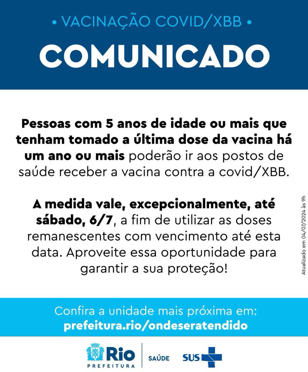 danielsoranz's tweet photo. Está aberta até sábado a oportunidade para os usuários fora dos grupos prioritários atualizarem sua proteção contra a variante XBB.  @Saude_Rio @minsaude https://t.co/ysYDqdQ8yH