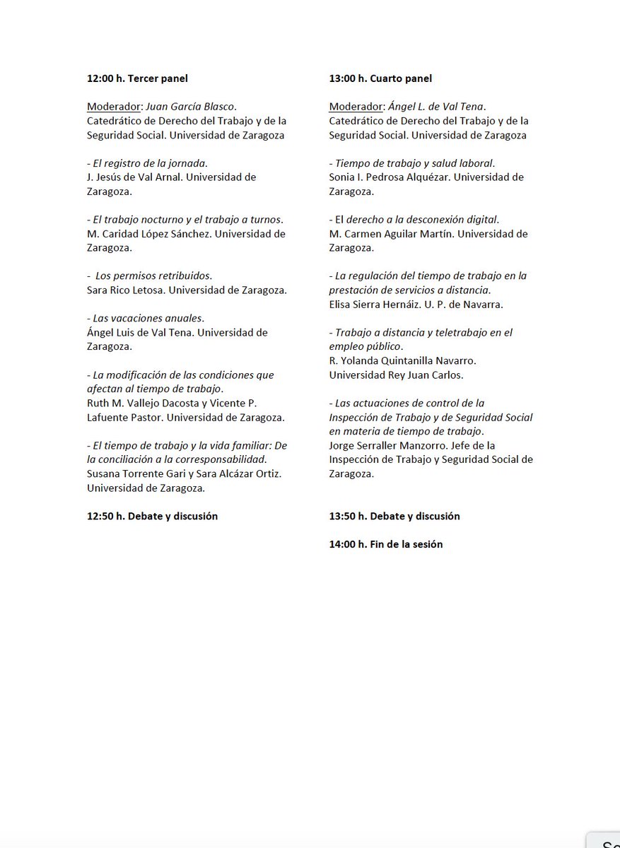 Onorata di partecipare alle giornate internazionali dell'Università di Saragozza sulle nuove dimensioni dei tempo di lavoro