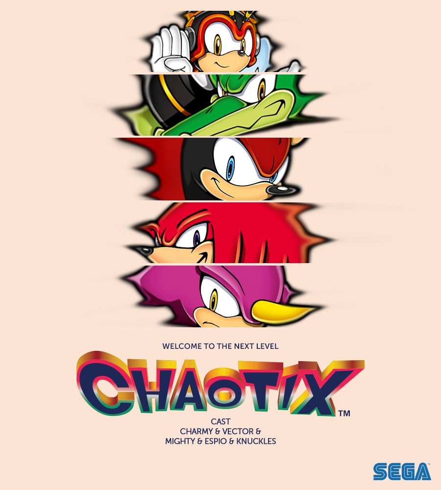 semifreqsonic's tweet image. In 2016, the official Sonic Twitter released an image celebrating the 21st anniversary of Knuckles Chaotix.

The artwork of most characters is reused, except for Mighty the Armadillo, making this his first modern appearance.