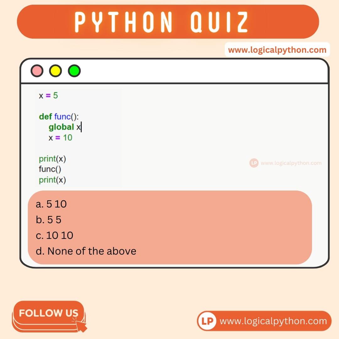 kodegurukul's tweet image. Can you answer below Quiz ⁉️⁉️ TRY it OUT 👇👇
.
#pythonprogramming #python #python3 #pythondeveloper #pythonquiz #QuizTime #QuizOfTheDay #mcqs #skilldevelopment #kodegurukul #grow