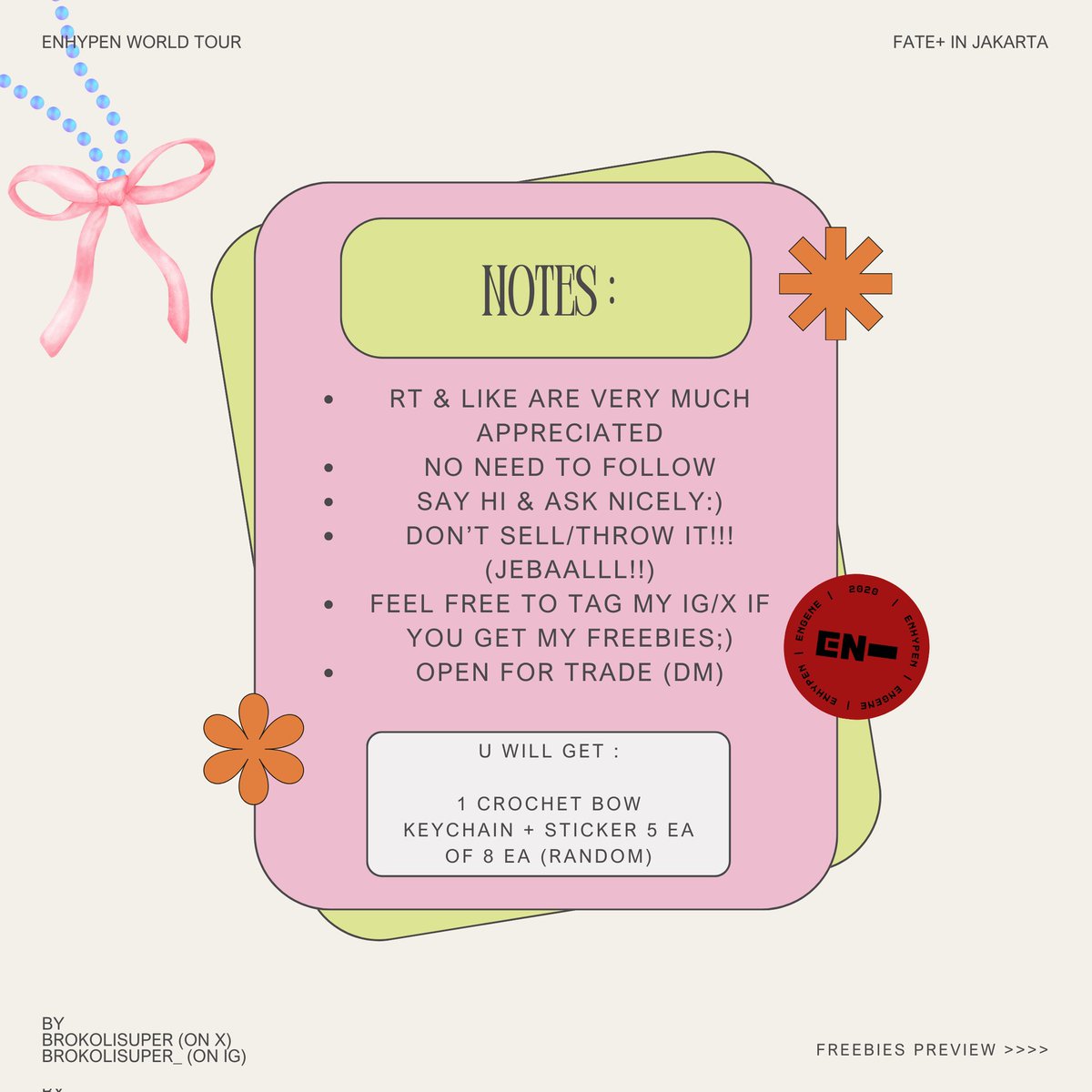 𐙚˙⋆ rt &amp; likes are appreciated ⋆˙𐙚

Enhypen Fate+ in Jakarta
— freebies by <a href="/brokolisuper/">◡̈</a> 

📅 17 August 2024 (Day-1)
📍ICE BSD Hall 1&amp;2
⏳ tba

˙⋆ open for trade (DM!)
˙⋆ check the pict for details

– see u engene⚘•ᴗ•

#FATEPLUS_IN_JAKARTA