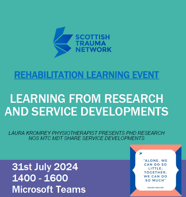 Rehabilitation Learning Event ‼️ 
🗓️31st July 2024 
⏰14:00 - 16:00
Open to all!

The next STN rehab learning event takes place at the end of the month.

For more details, head over to our website👇
scottishtraumanetwork.com/event/stn-reha…