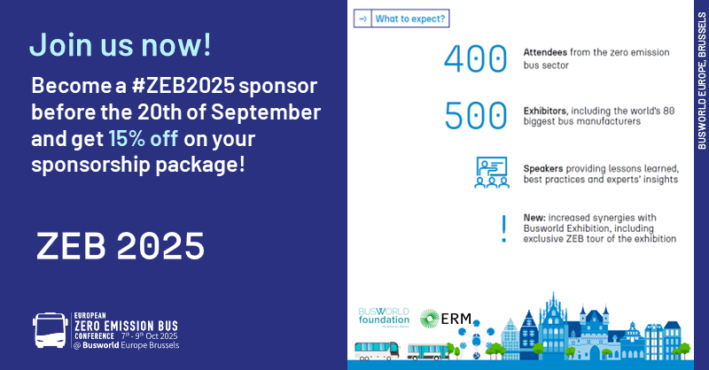 Zero Emission Bus Conference (@euzebconference) on Twitter photo 📢15% discount available on sponsorship packages this summer ☀️
Benefit from an early-rate discount up to September 20th, 2024! 🚍
Please contact us at zebconference.eu@erm.com if you want to secure the most attractive opportunities!
#ZEB2025 #HydrogenBus #ElectricBus #Busworld 📢15% discount available on sponsorship packages this summer ☀️
Benefit from an early-rate discount up to September 20th, 2024! 🚍
Please contact us at zebconference.eu@erm.com if you want to secure the most attractive opportunities!
#ZEB2025 #HydrogenBus #ElectricBus #Busworld
