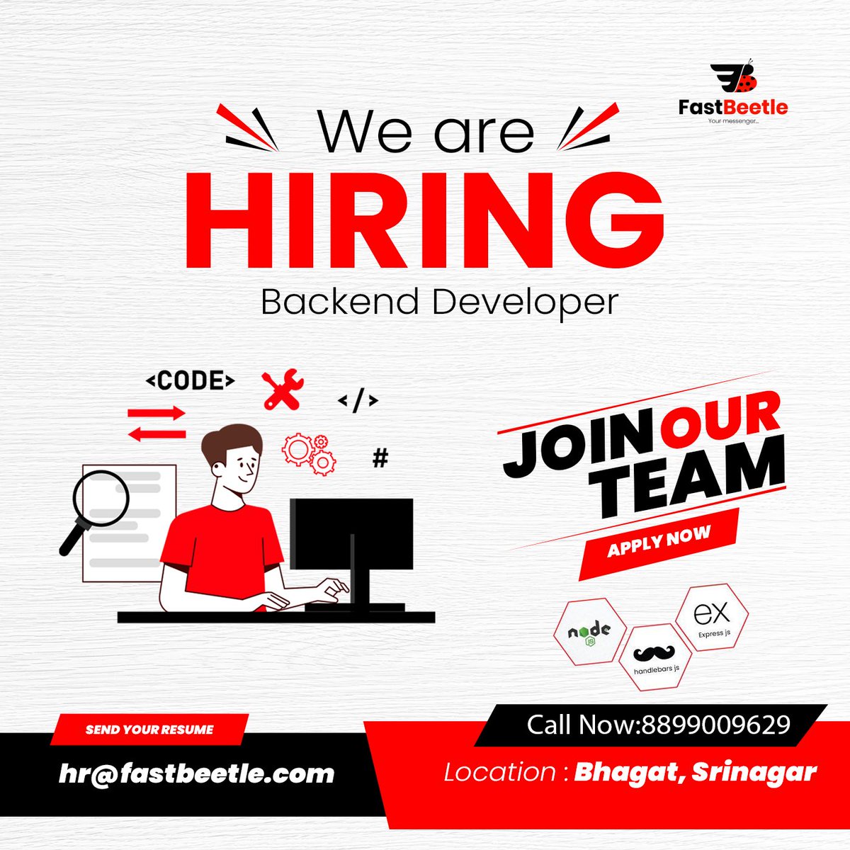 FastBeetle (@fastbeetle_) on Twitter photo **Join Fastbeetle!** 🚀 We’re on the lookout for a talented Backend Developer with 1+ years of experience in Node.js and Express.js. Ready to elevate your career? Send your resume to hr@fastbeetle.com. Let’s build the future of logistics together! 🛠️ #FastbeetleHiring **Join Fastbeetle!** 🚀 We’re on the lookout for a talented Backend Developer with 1+ years of experience in Node.js and Express.js. Ready to elevate your career? Send your resume to hr@fastbeetle.com. Let’s build the future of logistics together! 🛠️ #FastbeetleHiring