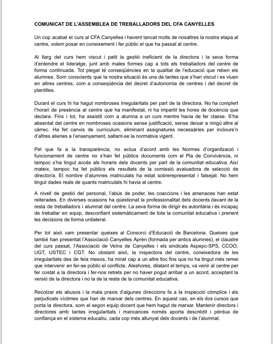 USTECSTEs's tweet photo. Comunicat de l’assemblea de treballadors del CFA Canyelles.
“Al llarg del curs hem patit la gestió ineficient de la directora i la seva forma d’entendre el lideratge, junt amb males formes cap a tots els treballadors del centre de forma continuada”. #ADitNo #ClaustresDemocràtics https://t.co/6yF6VYrIeA