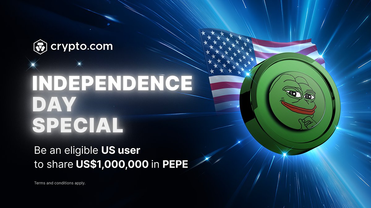 cryptocom's tweet photo. Happy Independence Day, US users! 🇺🇸 PSA: You don’t want to miss our massive giveaway featuring @pepecoineth 👇

🐸 US$1,000,000 in $PEPE
🏆 100,000 winners
📆 Until 31 Jul

T&amp;Cs apply

Learn More 👉 https://t.co/jRViap3Sdn https://t.co/XWLqg7Y5U1