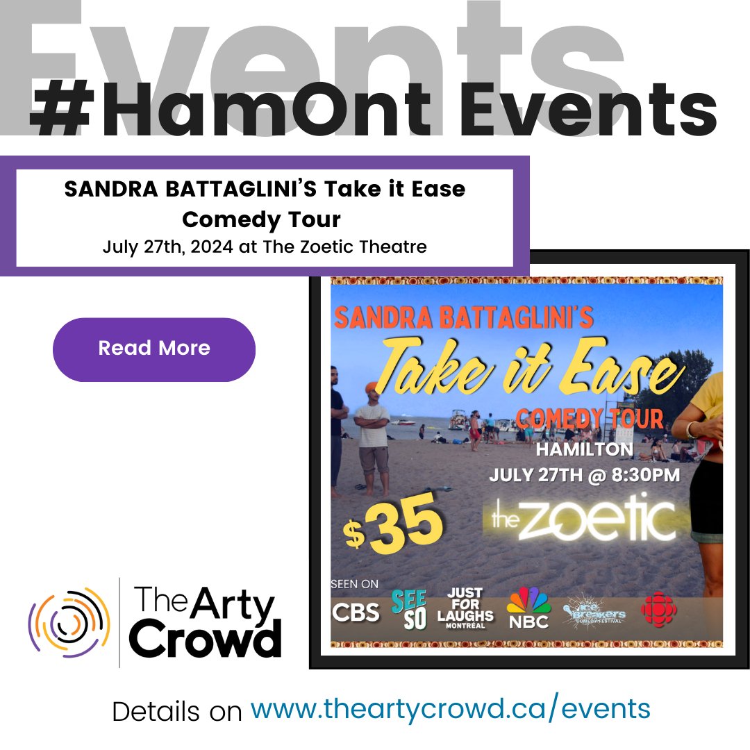 HamArtsCouncil's tweet photo. 🔍Discover Events across the Greater Hamilton Area by visiting The Arty Crowd!

⚫ Featured: Sandra Battaglini’s Take it Ease Comedy Tour

🌐 Visit: https://t.co/yiokXU12rV

#HamOnt #HamArts #HamEvents #TheArtyCrowd https://t.co/s3AzDCyLIZ