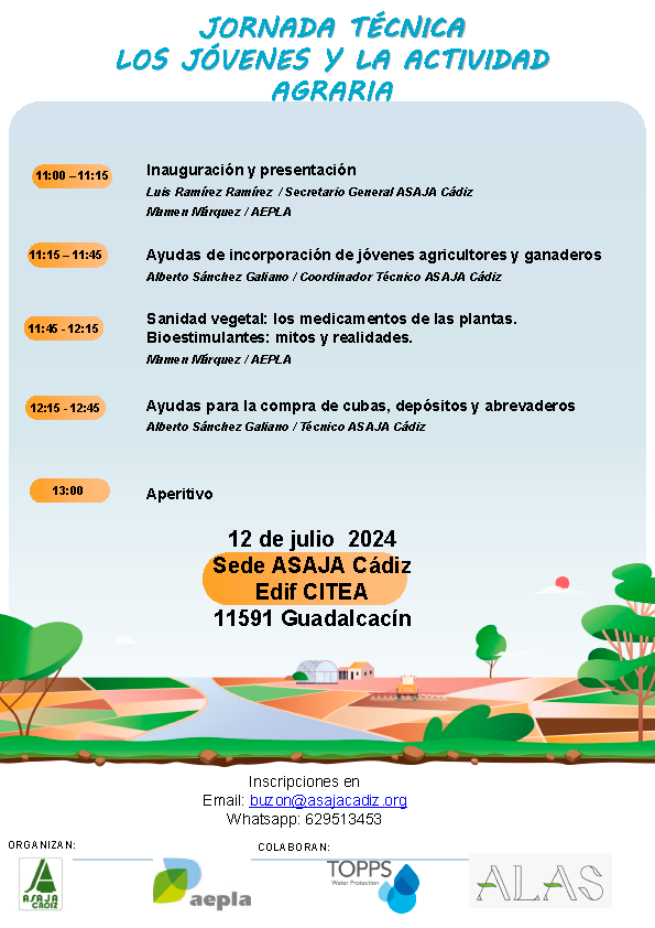 aepla_asoc's tweet photo. 📢 El próximo viernes 12 de julio, a partir de las 11:00h, te invitamos a la Jornada Técnica "Los jóvenes y la actividad agraria", en el marco del proyecto #ProyectoTOPPS 💦

📌 Sede @ASAJACADIZ
🗺 Edificio CITEA. Guadalcacín
📝 buzon@asajacadiz.org / WhatsApp: 629513453 https://t.co/RcKfUepVHr
