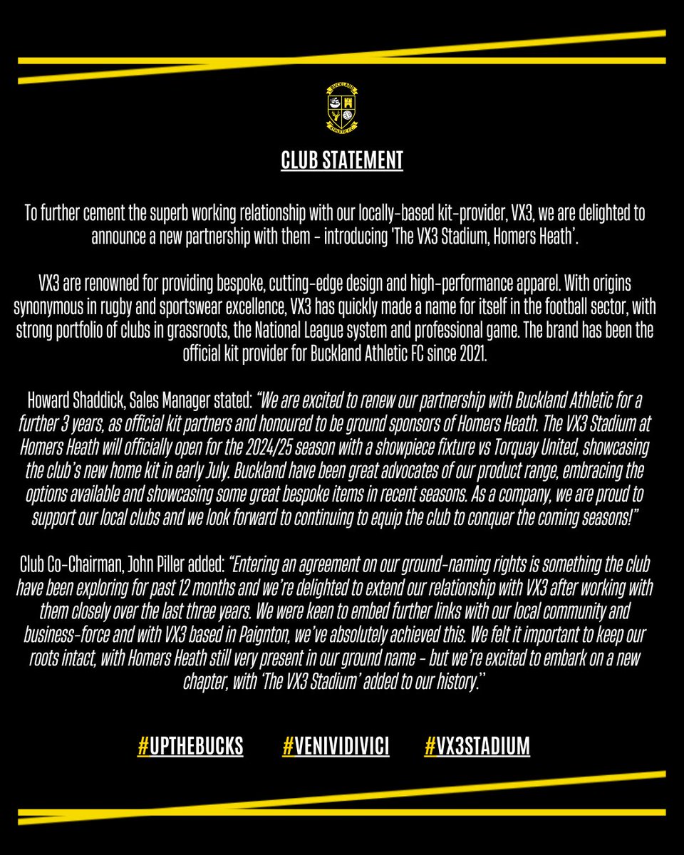 🤝 | Buckland Athletic FC ✖️ <a href="/VX3apparel/">VX3</a> 

Buckland Athletic FC issue a club statement in collaboration with VX3 following the announcement of our new ground name:

📍𝗧𝗵𝗲 𝗩𝗫𝟯 𝗦𝘁𝗮𝗱𝗶𝘂𝗺 - 𝗛𝗼𝗺𝗲𝗿𝘀 𝗛𝗲𝗮𝘁𝗵.

🦌

#UpTheBucks #VeniVidiVici #EquippedToConquer