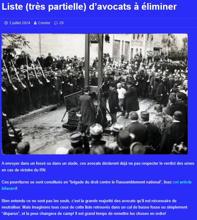 Je condamne avec la plus grande fermeté la publication par un site d’extrême-droite d’une liste d’ « avocats à éliminer ». 

Ceux qui veulent la mort de nos libertés commencent toujours par s’en prendre aux avocats.

Je ne les laisserai jamais faire.