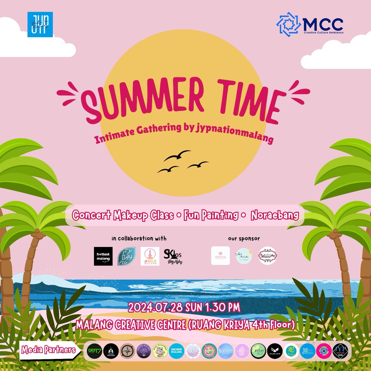 jypnationmalang's tweet photo. 🌞🍉🌻🍍 𝐒𝐮𝐦𝐦𝐞𝐫 𝐓𝐢𝐦𝐞 🍍🌻🍉🌞
Workshop &amp; Intimate Gathering by JYP Nation Malang

📅 Sunday, 28 July 2024
⏰ 1.30 PM - end
📍 Malang Creative Center
Ruang Kriya - 4th Floor https://t.co/zOHSctIqbZ