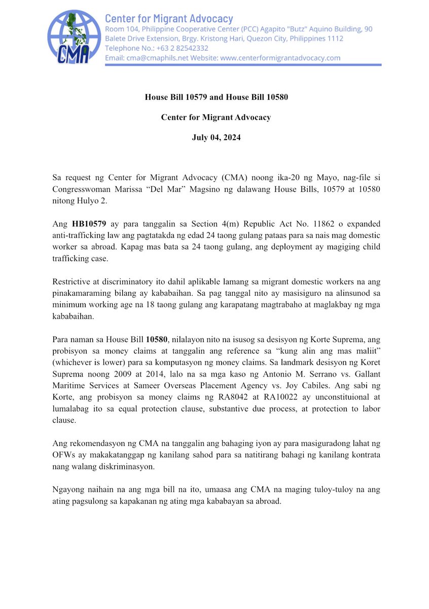 CMA_OFW's tweet photo. CMA’s Statement for House Bills 10579 &amp; 10580 

📢 Good news para sa mga migrant domestic workers at OFWs! Isinusulong na ang HB10579 at HB10580 para sa patas at makatarungang karapatan. Abangan ang pagbabago! 💪 

#ParaSaOFWs #EqualRights https://t.co/v0yNXX2T63