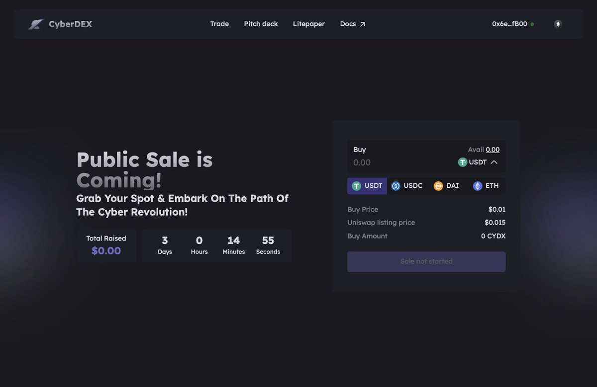 cyberdex_xyz's tweet photo. 3 days until the $cydx public sale opens!📟

https://t.co/5Pke81i3dL July 7th 13:00 UTC.🫡 https://t.co/xFd5jC6sKX