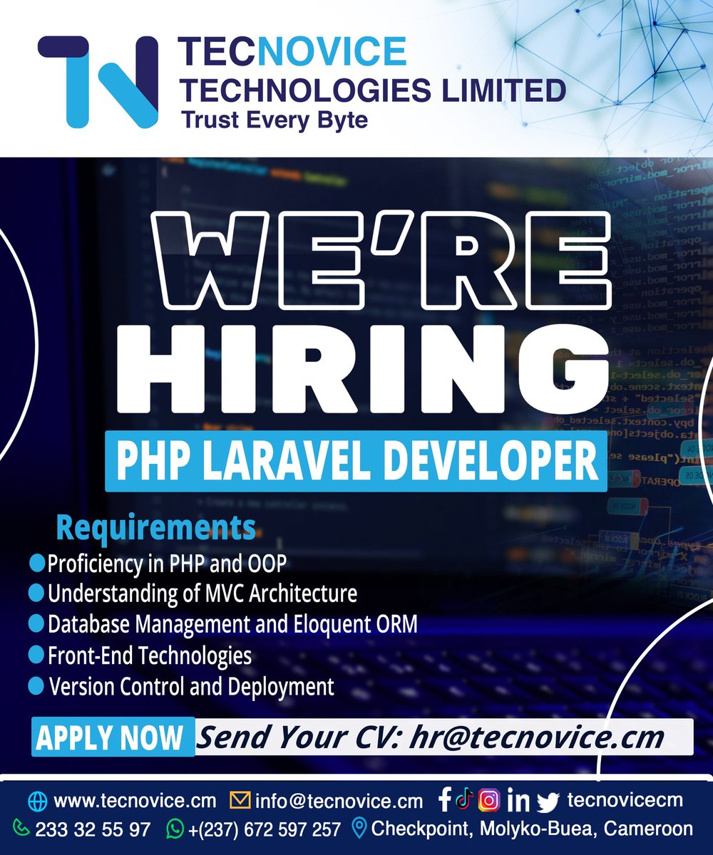 tecnovice's tweet image. 🌟Join TECNOVICE TECHNOLOGIES LIMITED!🌟
We&apos;re hiring a PHP Laravel Developer. Proficiency in PHP, OOP, MVC, DB Management, Front-End Tech, and more!

📧 Send your CV: hr@tecnovice.cm
📍 Checkpoint, Molyko-Buea, Cameroon
#Hiring #JobOpening #PHPLaravel #DeveloperJobs #TechCareers