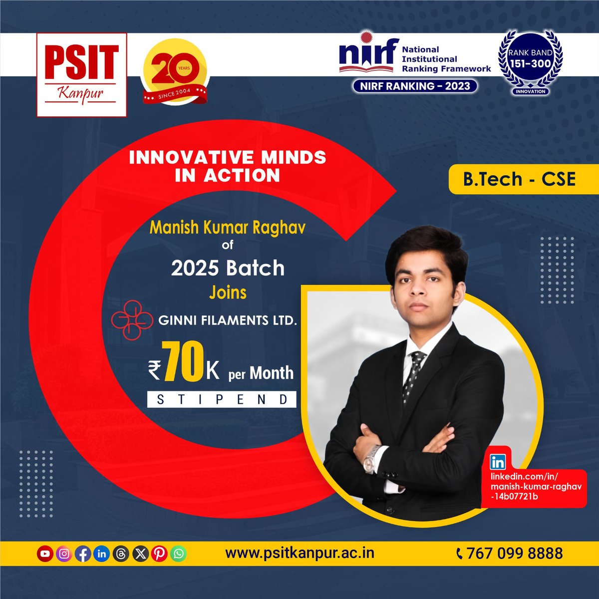 PSITKanpur2004's tweet image. We are happy to announce another outstanding achievement from our 2025 batch! 

#BestInternships #incredibleinternships #batch2025 #EraOfAchievers #PSITLegacy #Student #Success #GinniFilaments #btech #aktu #PSITKanpur